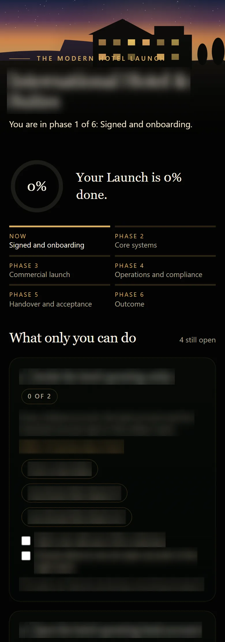 The client's Launch page: one wheel for the whole opening, the six phases, and what only the owner can do